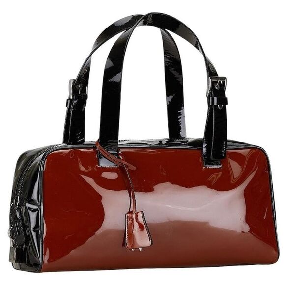 Prada Vintage Maroon Patent Leather Bag Authentic Logo Shoulder Purse Italy - Picture 1 of 16